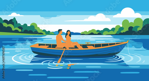 A couple enjoys a romantic boat ride on a serene lake surrounded by lush green trees and a clear blue sky.