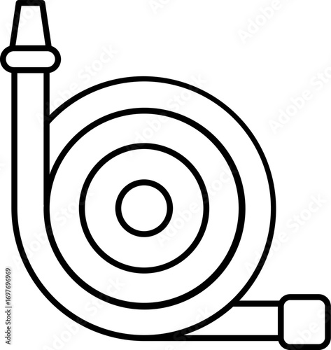 Vector of Coiled fire hose. Fire hose reel outline. Fire safety equipment icon. Garden hose for watering the vegetable garden. Water flows from the spout and splashes fly. Fire hose in a folded form. 