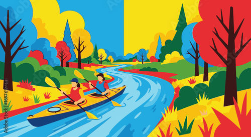 A couple in a kayak paddles down a winding river through a vibrant, colorful autumn forest in a graphic illustration style.