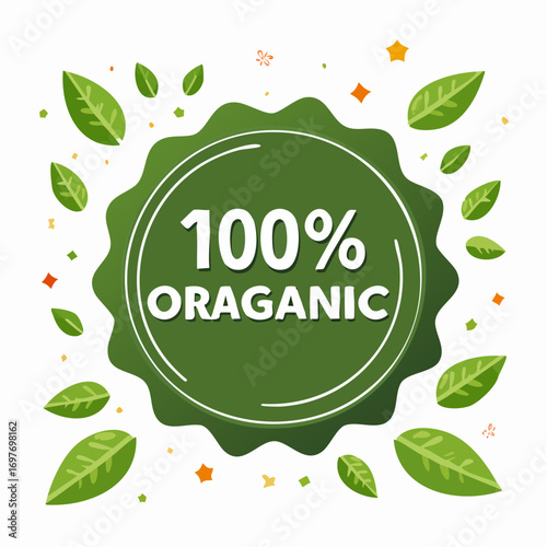 100% Organic Green Badge with Leaves and Confetti on White Background
