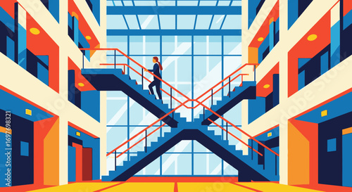 A businesswoman ascends a crisscrossing staircase in a modern, brightly colored office building atrium.