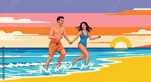 A happy couple holding hands and running joyfully on a beach during a vibrant sunset, a colorful vector illustration of a romantic summer vacation.