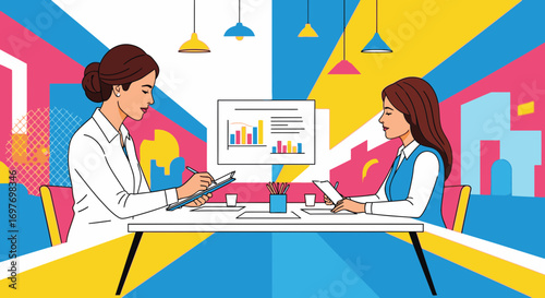 Two professional women sit at a desk in a colorful, modern office during a business meeting or consultation, analyzing data charts on a computer screen.