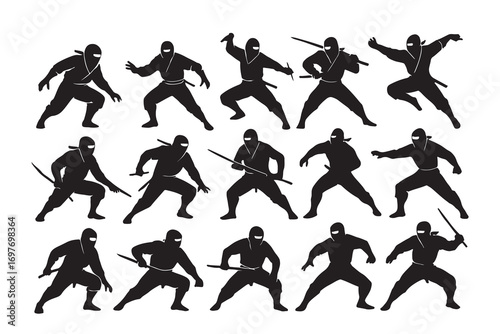 Stealth Warriors: A collection of ninja silhouettes showcases the art of stealth, agility, and combat. The image captures the essence of a silent warrior in dynamic poses.
