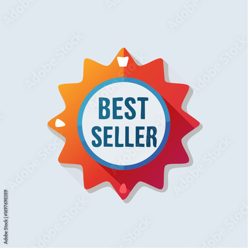 Orange And Blue Best Seller Badge With Long Shadow On Light Blue Background