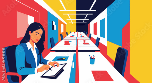 Stylized illustration of a businesswoman working at her desk in a vibrant, colorful, and modern office.
