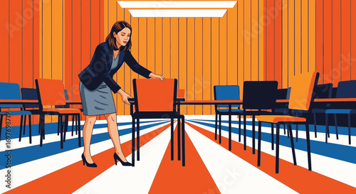 An illustration of a professional woman in a suit arranging chairs in a vibrant, modern conference room with striped floors.