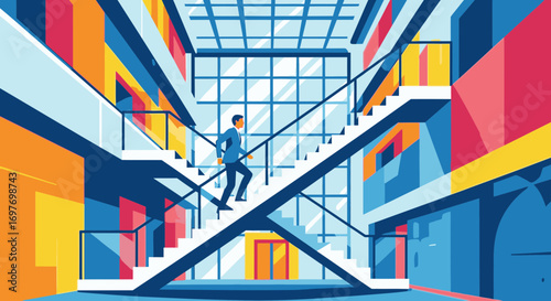 Businessman climbing stairs in a modern, colorful office building, a metaphor for career growth and ambition.