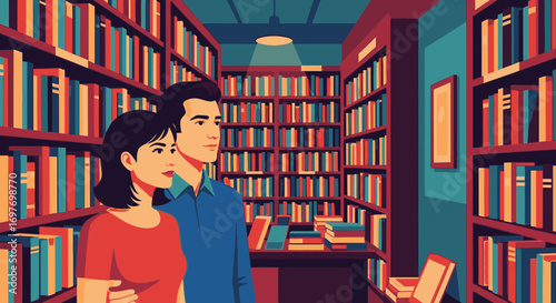 An illustrated couple stands together in a cozy library, surrounded by shelves packed with colorful books.
