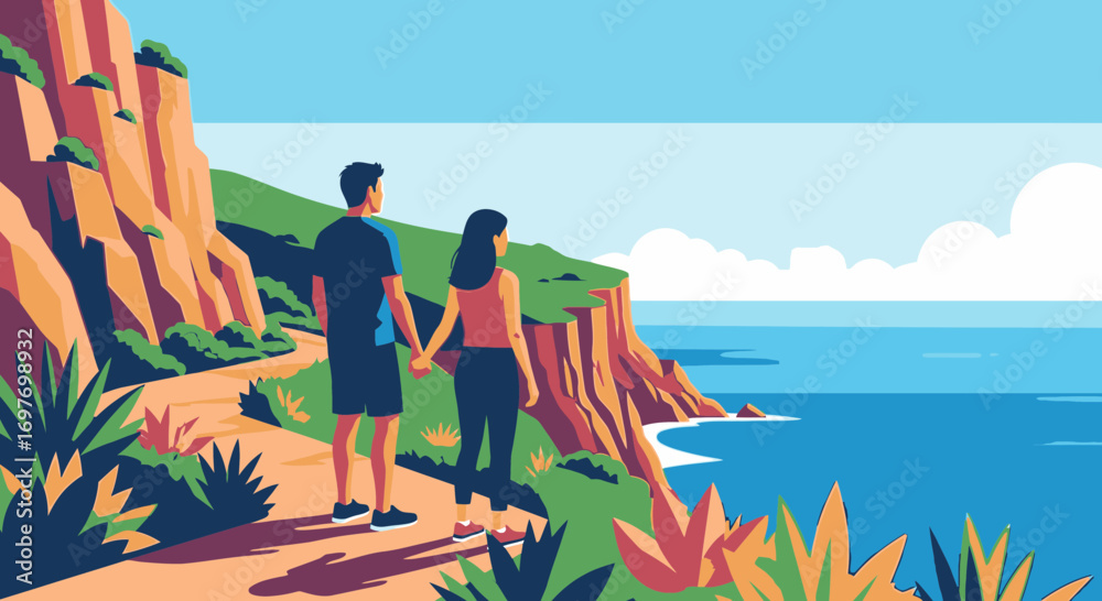 Obraz premium A couple holding hands on a scenic coastal cliff path, looking out at the tranquil ocean view.