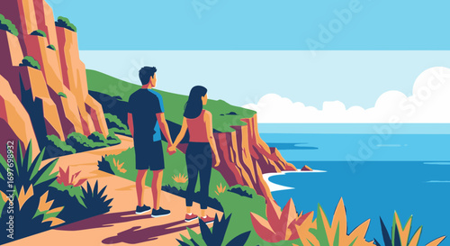 A couple holding hands on a scenic coastal cliff path, looking out at the tranquil ocean view.