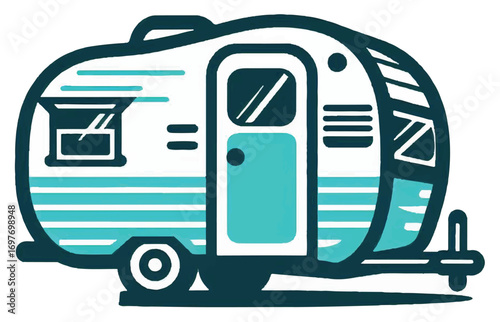 Retro teal camper trailer illustration.