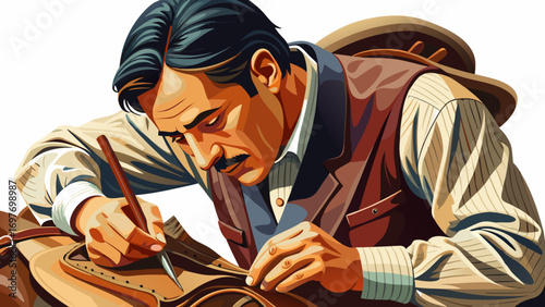 Close-up portrait of male saddle maker sewing leather. Isolated white background emphasizes precision, heritage, and equestrian craft.