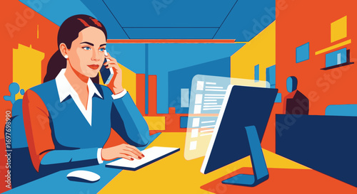 Businesswoman multitasking in a modern office, talking on the phone while working on a futuristic computer interface.