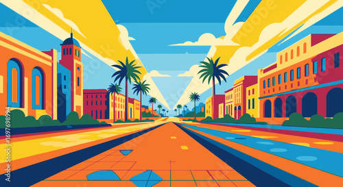 Vibrant illustration of a sunny city street with palm trees and colorful buildings in a flat, graphic style.