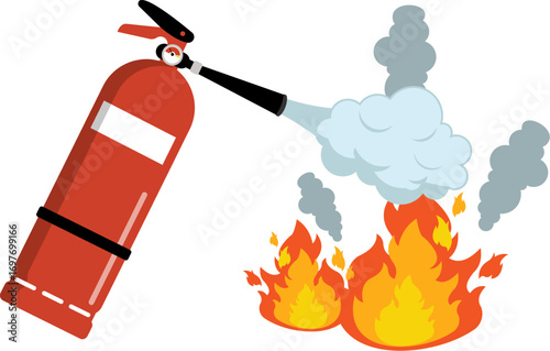 Usage of fire extinguisher vector illustration. Fire Extinguisher Usage Illustration with Flames. Putting out fire using a fire extinguisher. Uses of fire extinguisher to put out fire with smoke