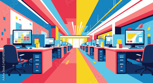 A vibrant, colorful illustration of a modern open-plan office with rows of computer desks.