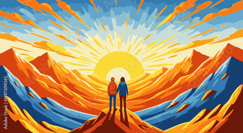 A couple stands together on a mountain peak, watching a vibrant, stylized sunrise over a vast mountain range.
