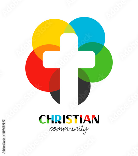 Christian logo concept with Calvary cross and 5 colors. Creative artistic concept