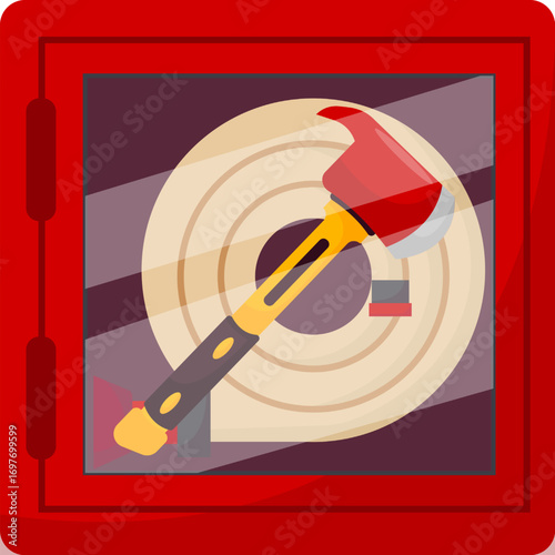 vector illustration of Fire hose and hammer cabinet. Vector of fire water hose and fire extinguisher in cabinet.