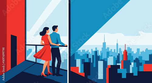A stylish couple in red and blue stands on a high-rise balcony, overlooking a modern city skyline in a minimalist art style.