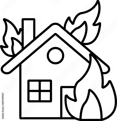 House on fire line art. House on fire outline. Fire in a house icon vector. Fire Insurance. Vector of House on fire with flame and smoke come out from window. Burning house. House with fire. 