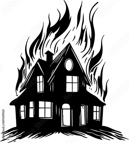 Silhouette vector of house on fire. House on fire icons. Home fire symbol icon vector. House building in flames illustration sign. Insurance symbol. burning house