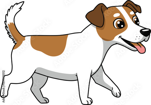 Happy playful dog cartoon walking with tail up, cute brown and white pet, friendly canine illustration for children content