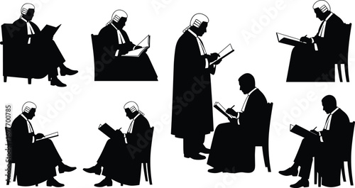 Judge Silhouettes – Barristers or Lawyers Reading Law Books, Courtroom Poses, Legal Profession Clipart, Justice Figure Vector Icons