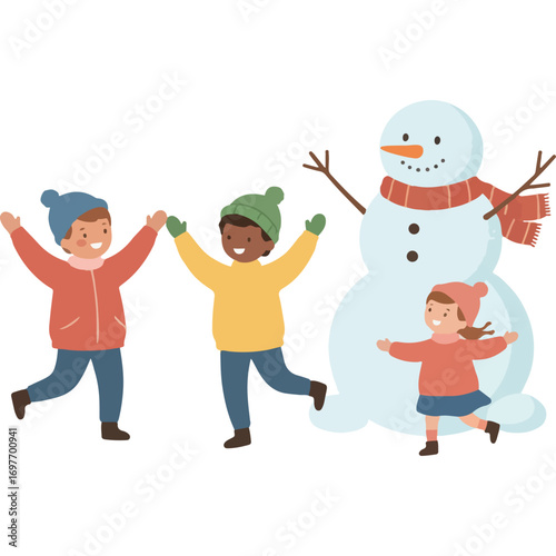 Childhood winter adventures: A picture of children of different ethnicities holding hands and smiling as they play around a snowman.