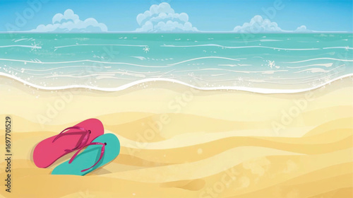 Vector summer background with flip flops on sand and ocean waves, bright and cheerful design for marketing and invitations ,Ai Generate 