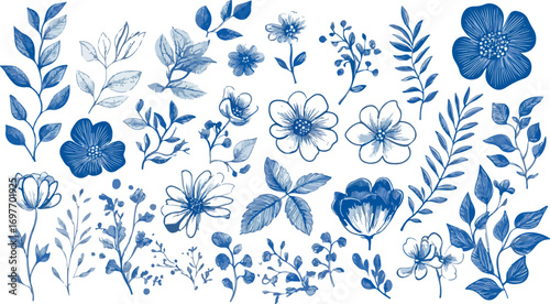 Collection of delicate blue watercolor floral elements and botanical illustrations on white background