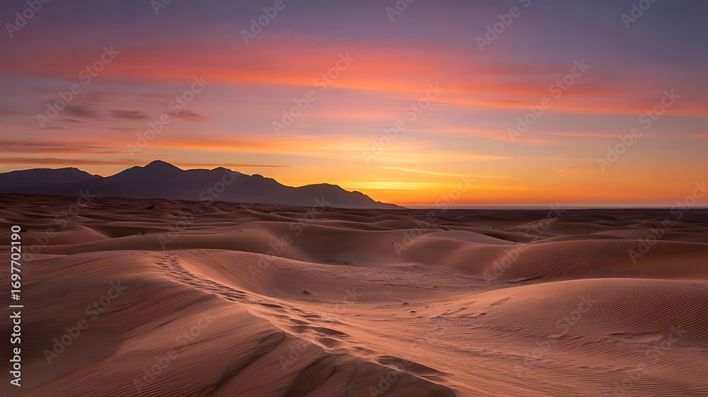 Naklejka premium Desert background, Stunning sunset over a serene desert landscape with vibrant sand dunes., Stunning desert sunset over vast dunes with vibrant orange sky tranquil landscape,created with generative ai