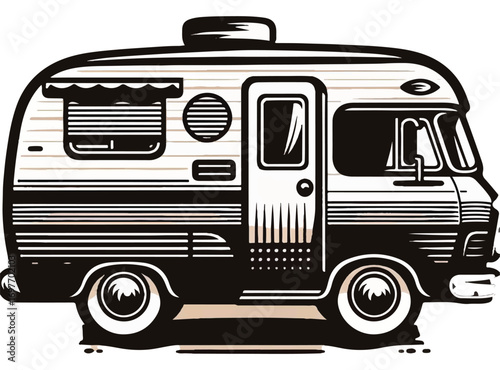 Vintage Camper Van Illustration, Black and White Graphic Design.
