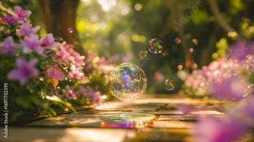Soap bubbles over a flower path — spring macro still life