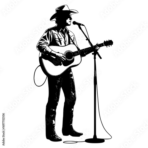 Cowboy Country Singer Performing with Acoustic Guitar on Stage Illustration