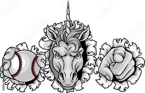 Unicorn horse mustang bronco stallion baseball softball angry sports team mascot holding a ball.