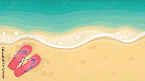 Summer beach scene with colorful flip flops on sandy shore, gentle waves, vector illustration for banners, cards, invitations, and sales. Ai Generate