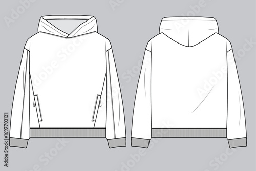 Oversized Hoodie Technical Fashion Sketch. Unisex Pullover Sweatshirt Design Template. Blank Grey Hooded Jumper Flat Sketch. Comfortable Casual Hoodie Mockup. 