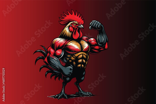 Muscular rooster mascot flexing bicep powerful bird logo design