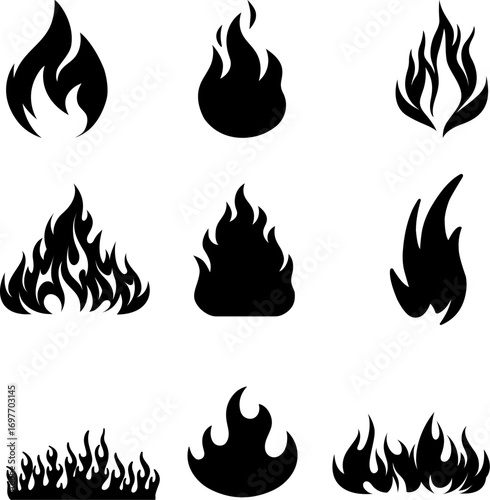 Silhouette of Fire flames icon set. set of fire icons. Set of flame and fire in vintage style. Hand drawn engraved monochrome bonfire sketch. Vector Fire Flame Icon Set Symbol of Fire