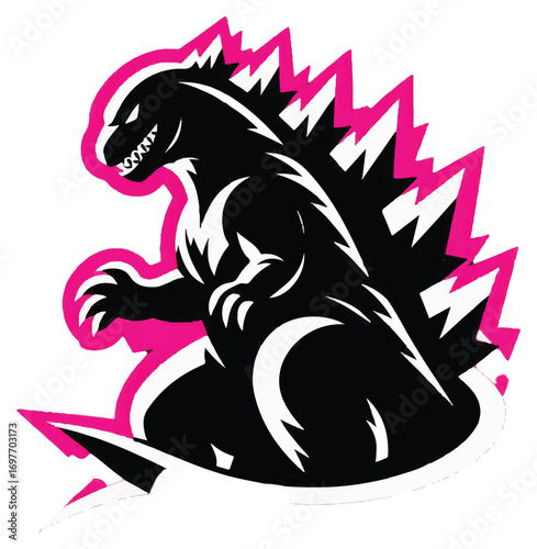 A stylized black silhouette of Godzilla with sharp pink spikes and outline, set against a white background.