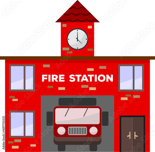Vector of Fire station. Fire station building exterior flat vector illustration. Fire station with a fire truck
