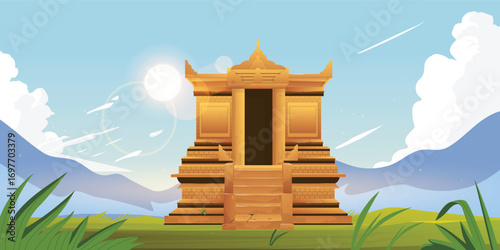 Ancient building structure architecture with golden temple entrance and stairs