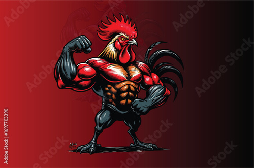 Muscular rooster mascot flexing biceps powerful bird character design