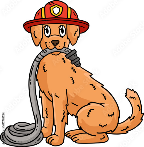 illustration of a Firefighter dog with helmet. A cute dog dressed as a firefighter, holding a hos. 
