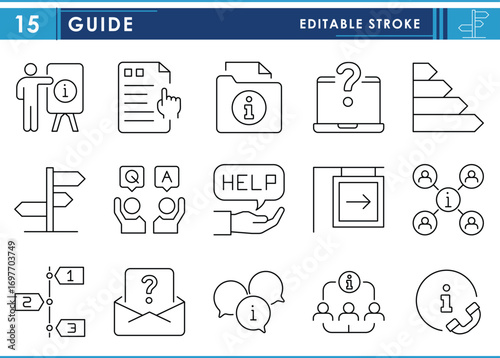 A set of line icons related to Guide. Guide, way, information, talk, steps, help, and so on. Vector editable stroke.