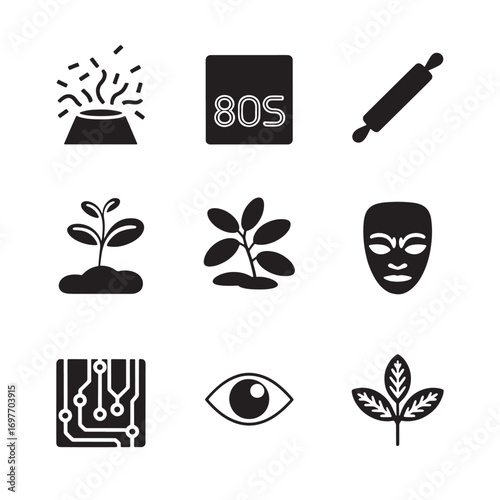 Collection of Abstract Silhouette Vector Icons Representing Nature, Technology, and Abstract Concepts