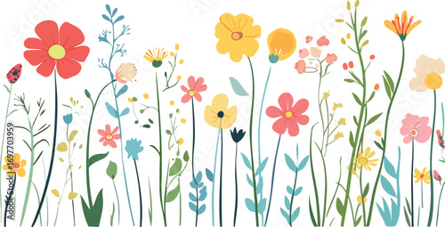 Vibrant watercolor wildflowers in a meadow with delicate stems and leaves on white background