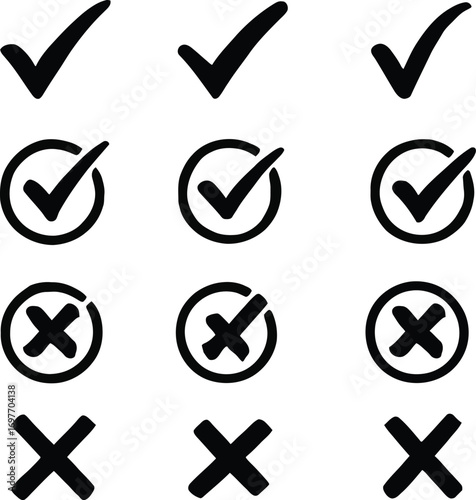 Hand-drawn Checkmark and Cross Icons - Bold, Black,  Simple,  Approval, Rejection,  Checklist,  Graphic Design Elements.